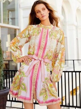 Antonio Melani Brynn Floral Print Mock Neck Long Sleeve Belted SZ2 Pink Green